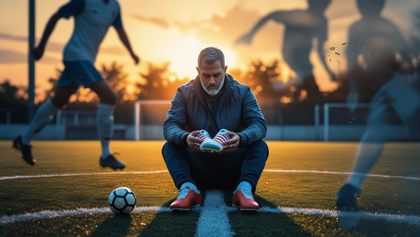 A father sitting alone on a soccer field holding his son’s soccer shoes, symbolizing emotional struggle and love