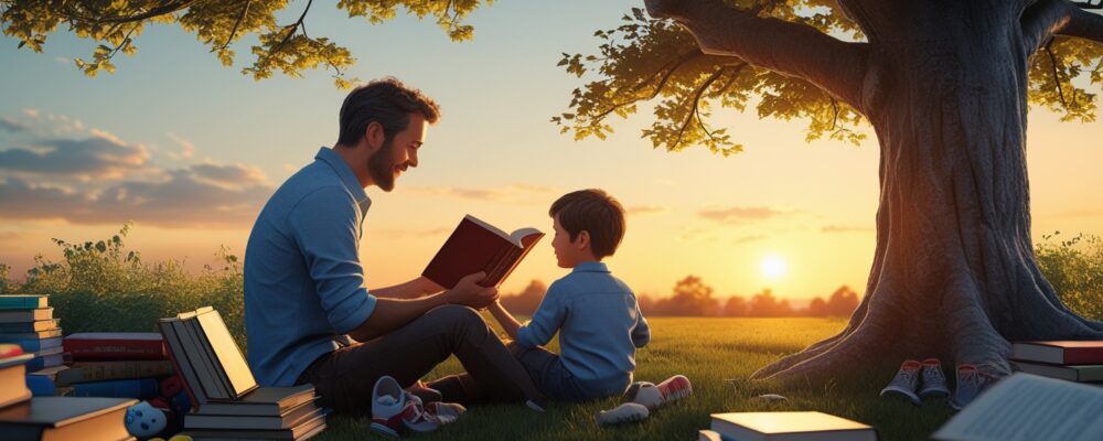 Father reading a book to his son under a tree during sunset, symbolizing resilience and love