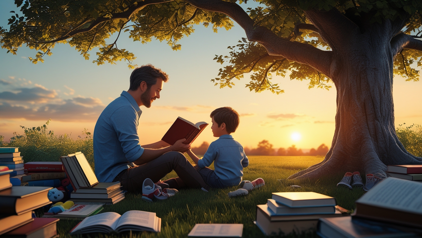 Father reading a book to his son under a tree during sunset, symbolizing resilience and love