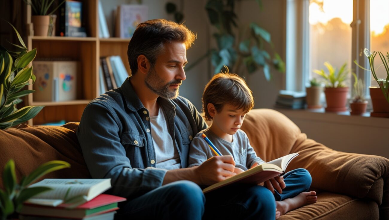 A calm father and child sitting on a cozy couch, reading and drawing together in a peaceful, light-filled homeschool setting