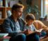 A calm father and child sitting on a cozy couch, reading and drawing together in a peaceful, light-filled homeschool setting